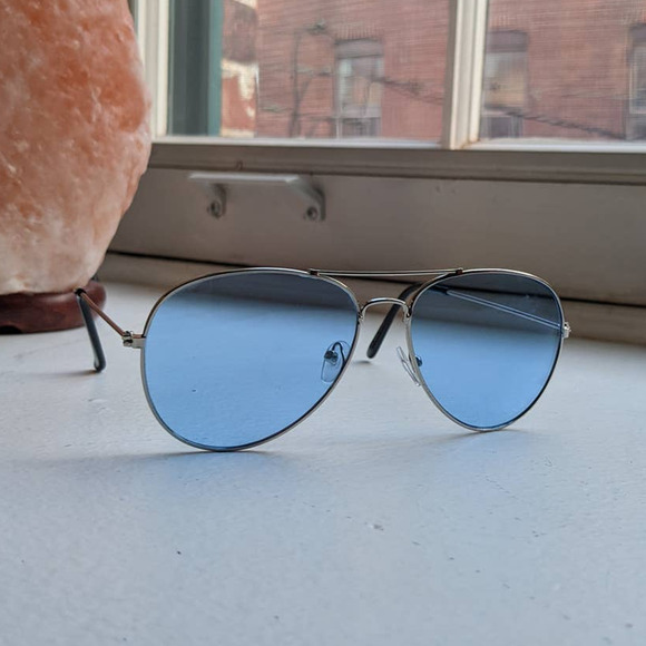 70s Retro Blue Aviator Sunglasses Pastel Minimalist Boho Sunnies Festival Shades - Picture 2 of 4